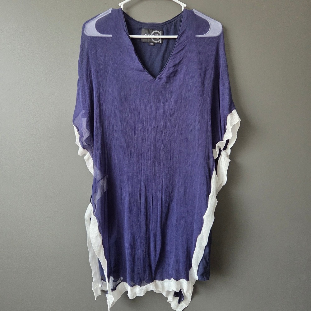Analili Navy Blue 100% Silk Overlay Kaftan Dress White Ruffle Trim‎ V-Neck XS S